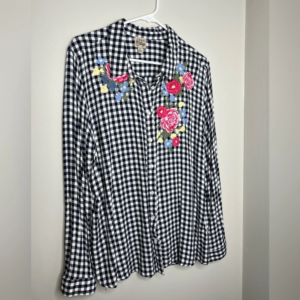 COMO VINTAGE - floral embroidered checkered button down shirt. XL - 🤩 - Picture 1 of 9